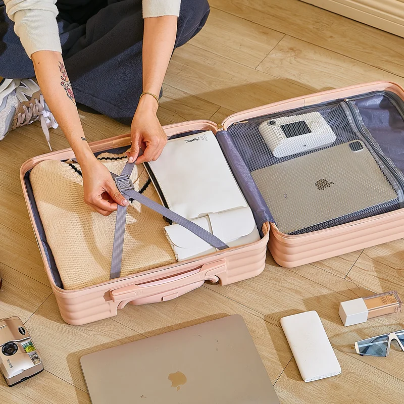 حقيبة حمل مدمجة مقاس 18 بوصة، عجلات دوارة خفيفة الوزن، حقيبة سفر جلدية عصرية، قفل بكلمة مرور، حقائب يد #1