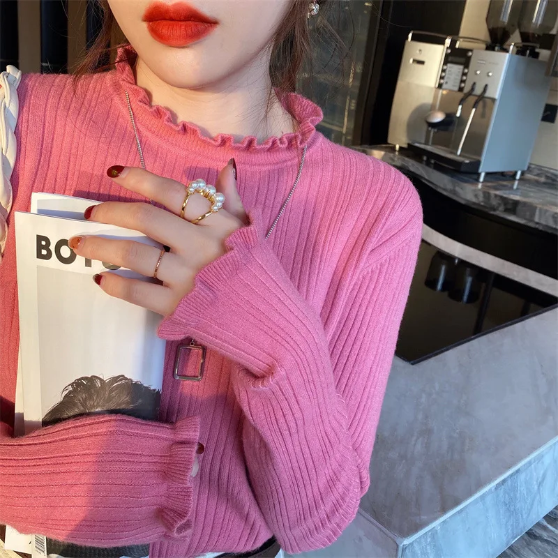 

New Design Women Autumn 2025 Black Ear-trimmed Base Layer Mid-neck Knitted Sweater Top