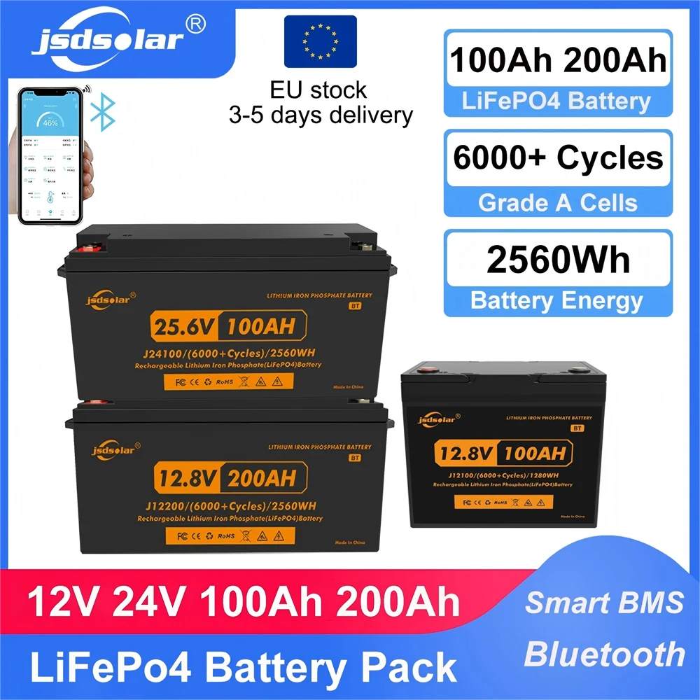 jsdsolar 12V 24V 100Ah 200Ah LiFePo4-Akku mit Bluetooth 6000+ Zyklen Lithium-Eisenphosphat-Batterien