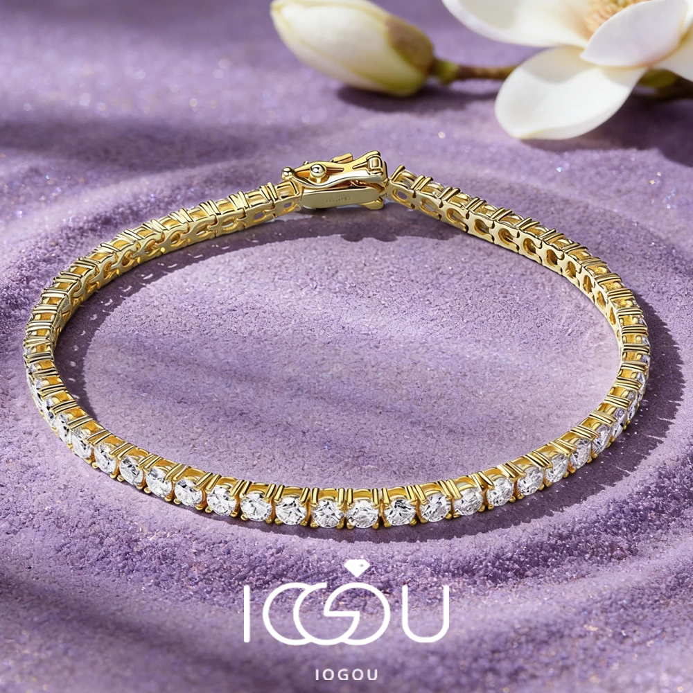

Браслеты-тенниски IOGOU с круглыми муассанитами 3 мм, полностью инкрустированные, из золота 14 карат, для женщин, мужчин, пар, сертифицированные GRA, сверкающие украшения