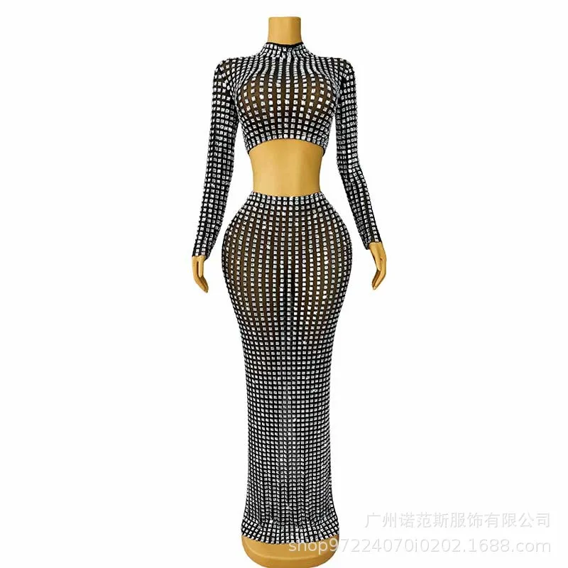 Light Luxury Black Fine Diamond Fashion Two-piece Set Photo Studio Exhibition Hall Red Carpet Catwalk Awards Ceremony Host Dress