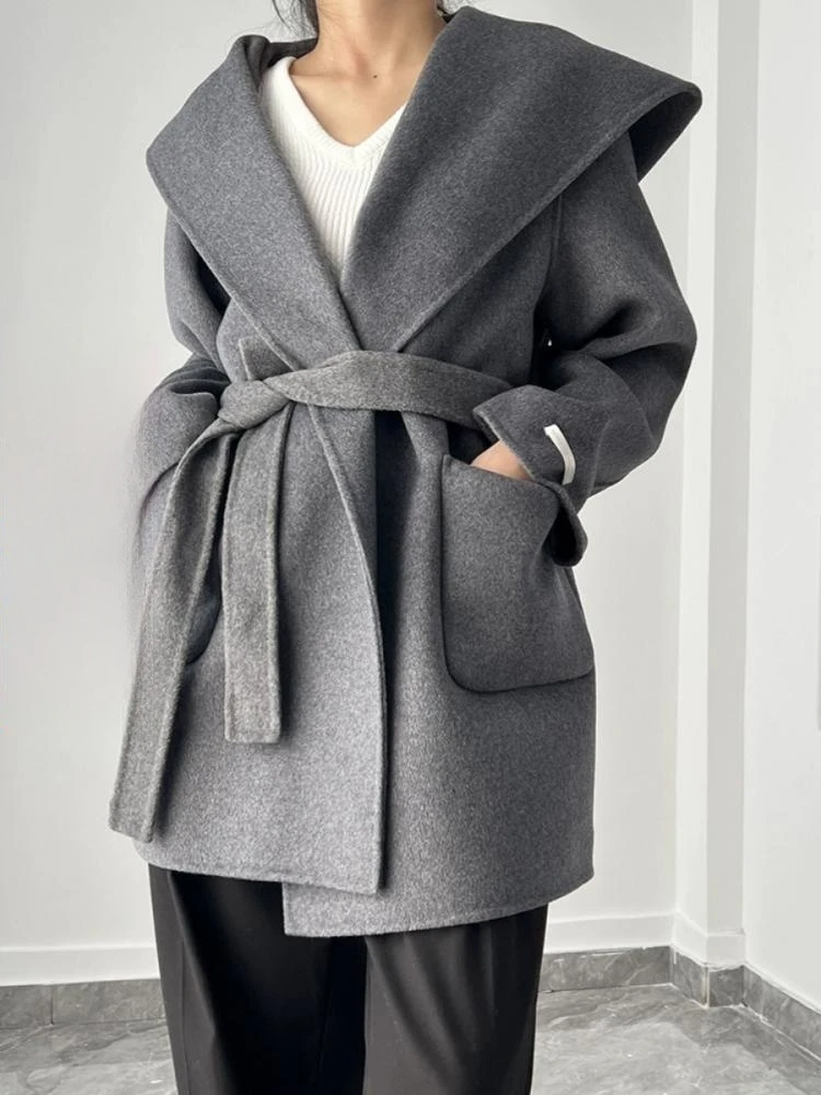

Office Lady Short Woolen Jackets 2024 Autumn And Winter Hooded Loose Double-Sided Lace-Up Women's 100% Wool Coats Outerwear