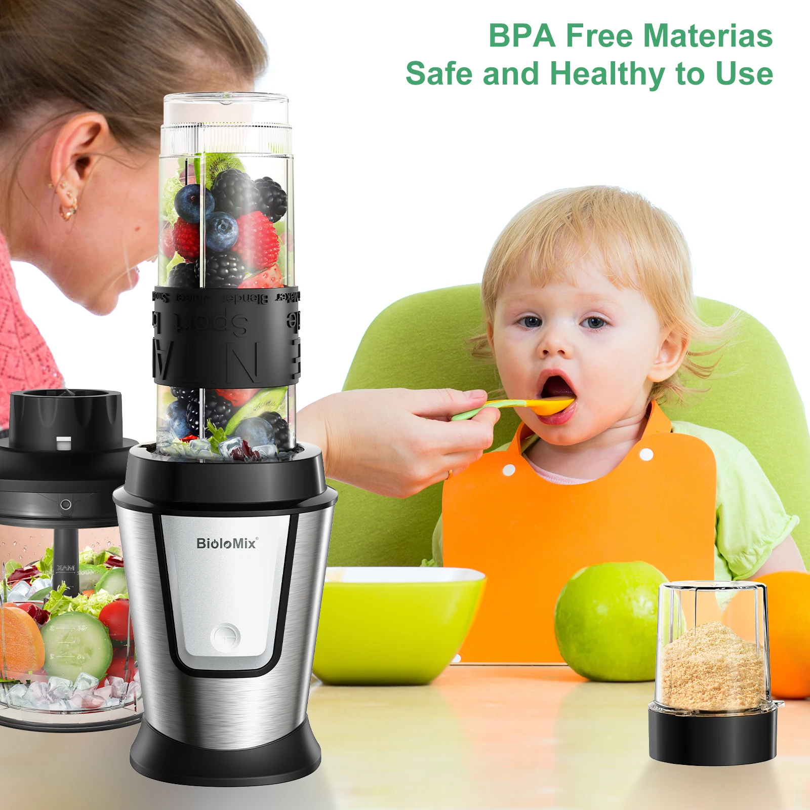 BioloMix 3-in-1 Multifunctional Food Processor 700W Portable Juicer For Baby, Blender Personal Smoothie Mixer Food Chopper