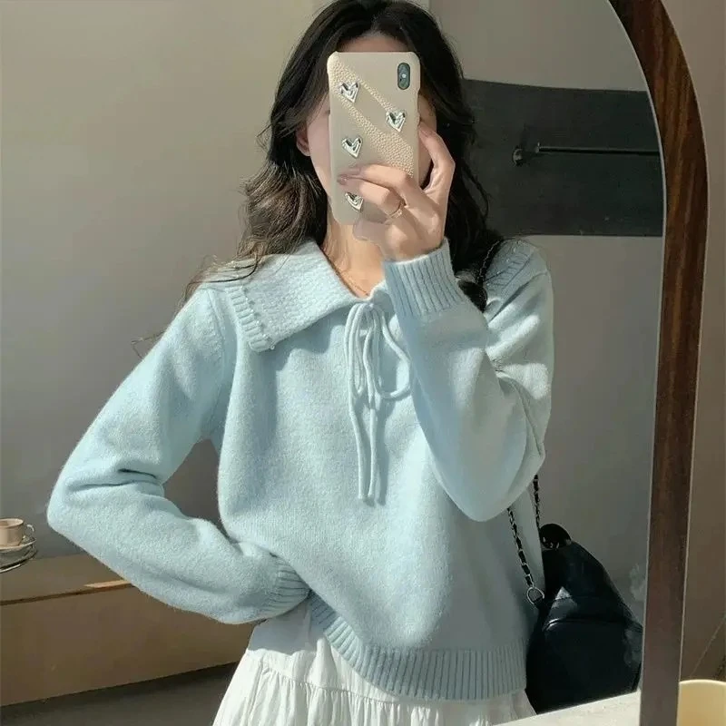 

Long Sleeve Pullovers Simple Solid Casual Sweater Jumper Sweet Lapel Lace Up Knitted Tops Women Autumn Winter Gentle