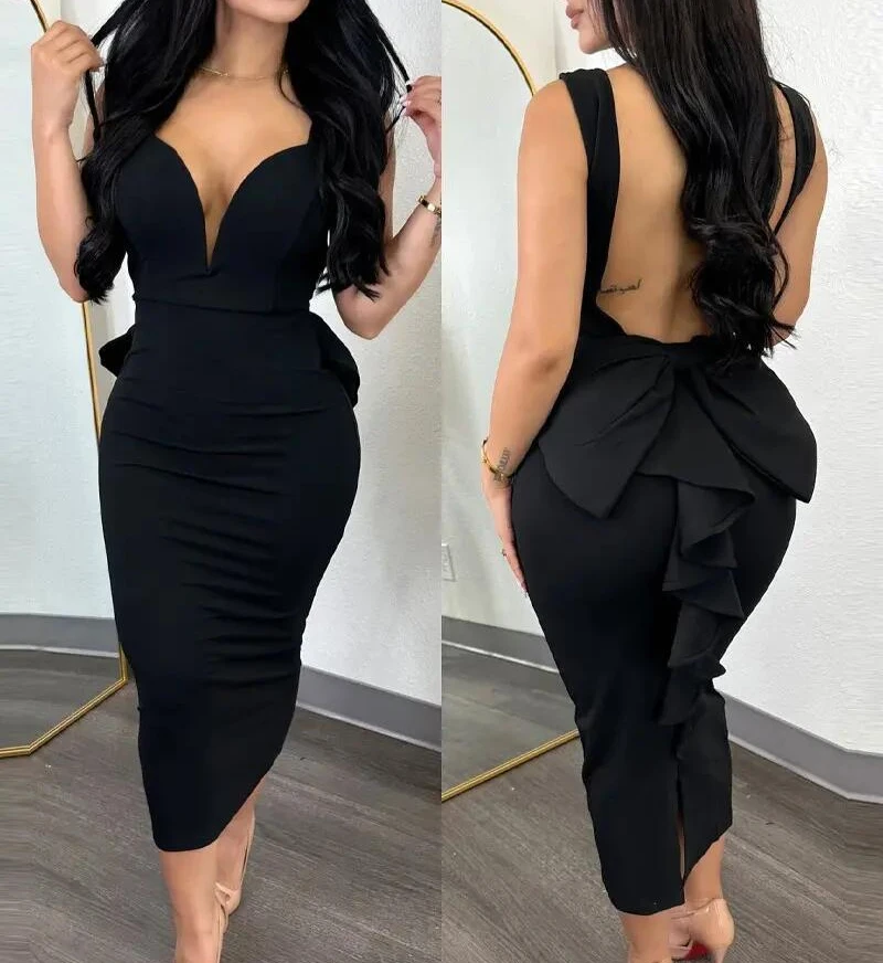 

Evening Dresses for Women 2024 Sexy Woman Clothing Backless Deep V Bow Elastic Split Fashion Elegant Hip Wrap Midi Bodycon Dress