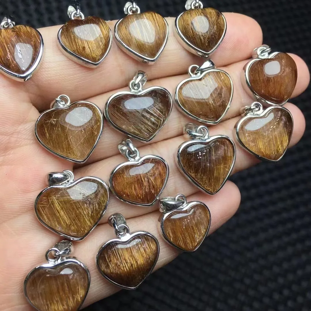 Unit One Piece 925 Silver Buckle With Popular Sale Natural Cooper Rutile Quartz Crystal Healing Heart Pendant For Gift