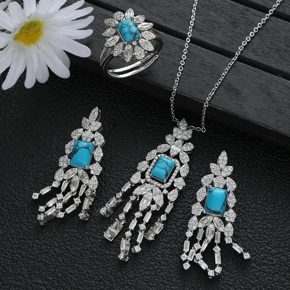 

New Luxury Waterdrop Square Tassel Cubic Zircon Engagement Dubai Naija Bridal Finger Rings Necklace Earring Jewelry Set S459