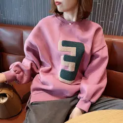 Autumn and Winter Women's Crew Neck Long Sleeve Cotton Liner Loose Pullovers Embroidery Fashion Casual Office Lady Tops