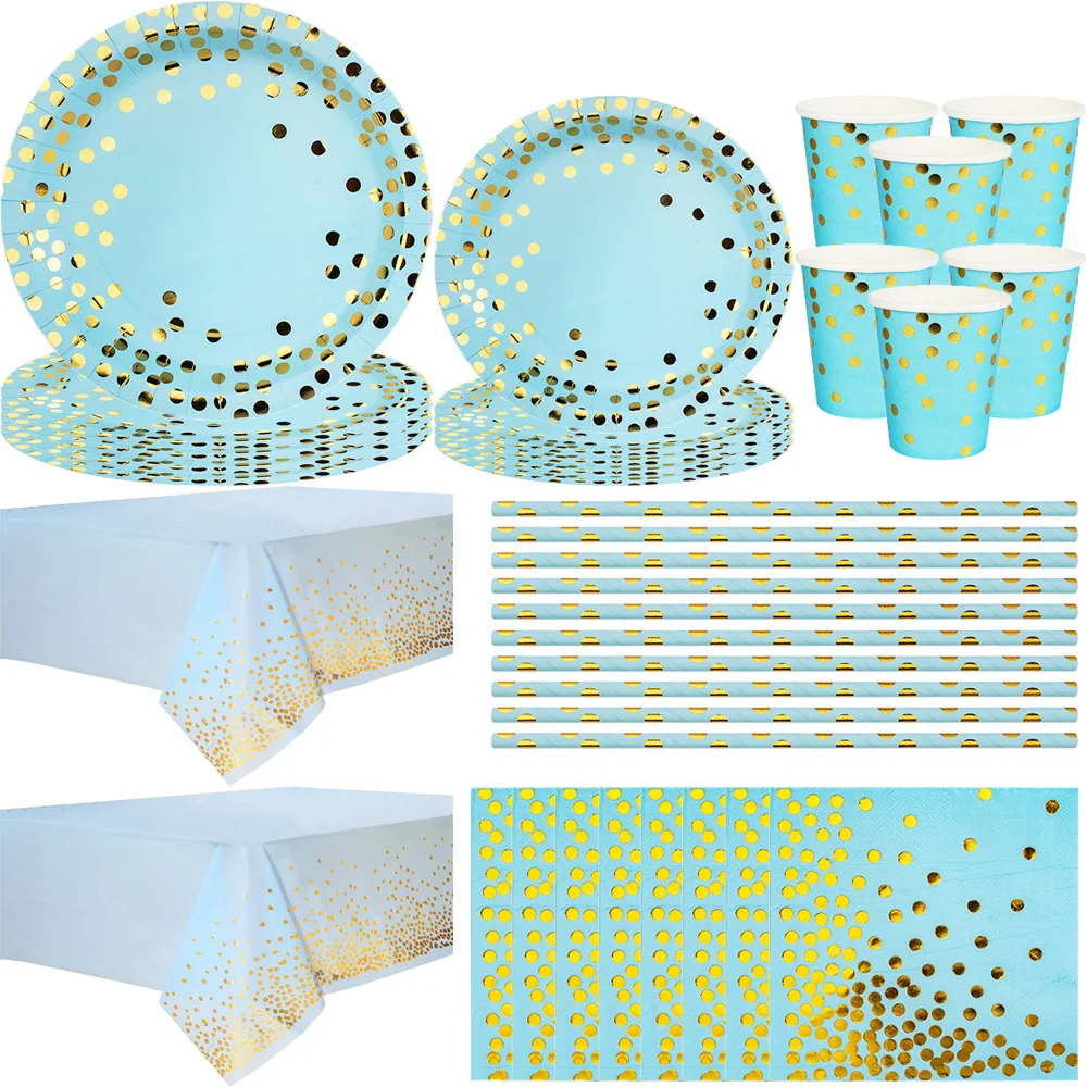 Blue and Gold Party Decorations 10 Guests Blue Paper Plates Golden Dot Blue Party Plates Napkins Cups for Graduation Decor