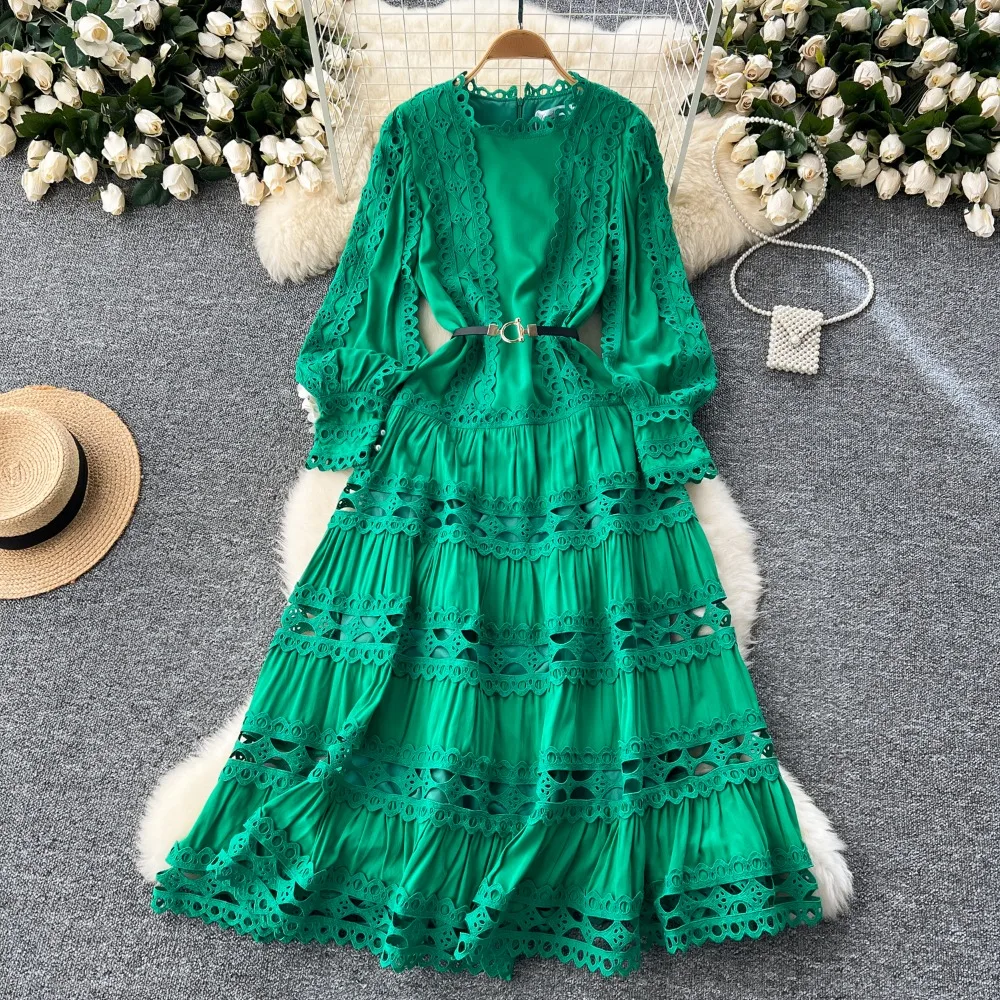 Neploe Temperament O Neck Lantern Sleeve Lace Dress Vintage Heavy Hollow Out Big Swing Mujer French Style Court Patchwork Robe