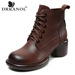 DRKANOL 2024 Winter High Heel Ankle Boots For Women Genuine Leather Retro Thick Heel Platform Lightweight Trend Warm Short Boots