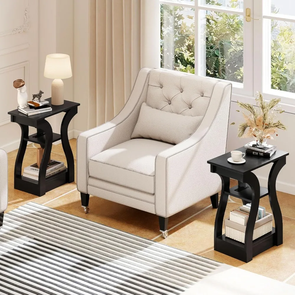 

Narrow end table with charging station, set of 2, wooden sofa side table with open storage rack, U-shaped bedside table