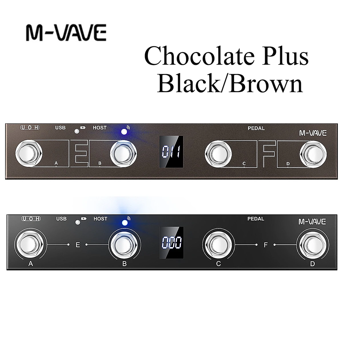 M-VAVE Chocolate Plus Black/Brown MIDI Bluetooth Controller – 4 Footswitches, USB Host, 16 MIDI Msgs/Stomp, 300mAh, for PC/Mac