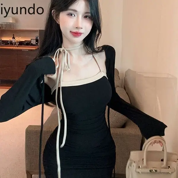 ชุดกระโปรงเซ็กซี่ LACE-up Halter คอสาวร้อนสะโพกห่อชุดแขนยาวป้องกันแสงแดดเสื้อผ้า vestidos