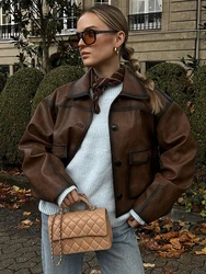 Vintage Leather Women Jackets Casual Brown Lapel Pockets Short Coats Long Sleeve Motorcycle Coat Autumn Female Street Outwear