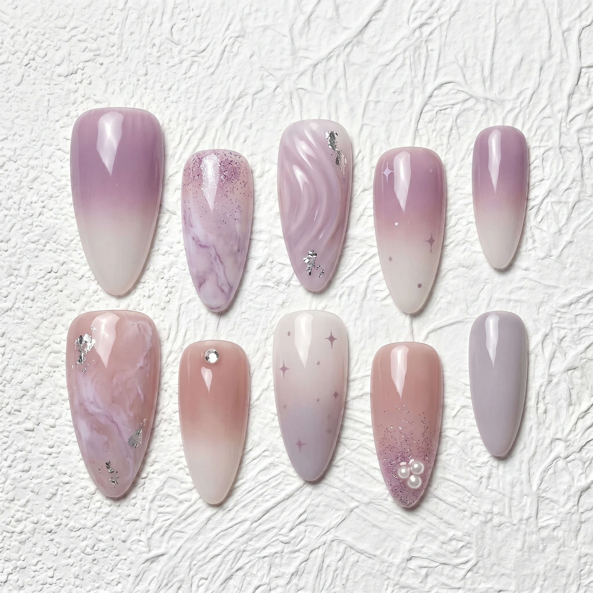 Artisan Handcrafted 10PCS Elegant Dreamy Almond Press-On Nails | Gradient Ombre, Pearls, Glitter, Holiday Wear Salon Finish