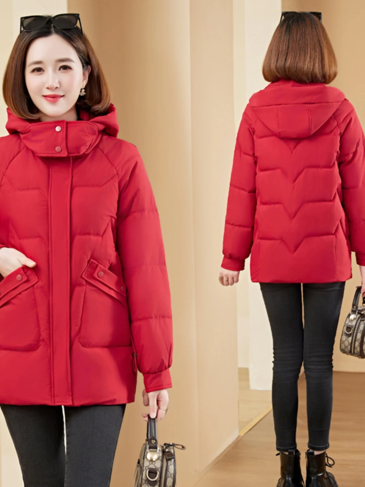 

Women's Thiened Loose Cotton Jaet Hooded Durable Polyester Fiber Zipper Closure Long Sve Mid-Length Coat for Autumn Wi...