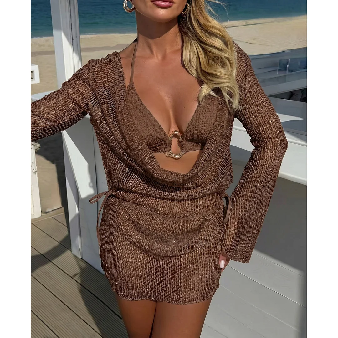 Sexy Neckholder-Bikini, Damen-Badeanzug, dreiteiliges Bikini-Set mit langärmeligem Kleid, Badeanzug, Badebekleidung, Schwimmanzug V7925C – Detail 2