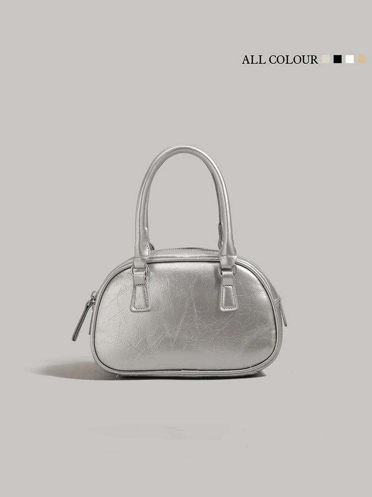 

New Trend 2024 Luxury Brand Leather Handbag Silver Women's Square Bag Shoulder Crossbody Boston Bag Designer Bowling Bag