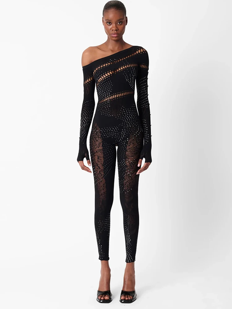 

Sibybo Black Rhinestone Sexy Skinny Jumpsuit Women Off Shoulder Long Sleeve Hollow Out Bodycon Romper Partywear Fashion Overalls