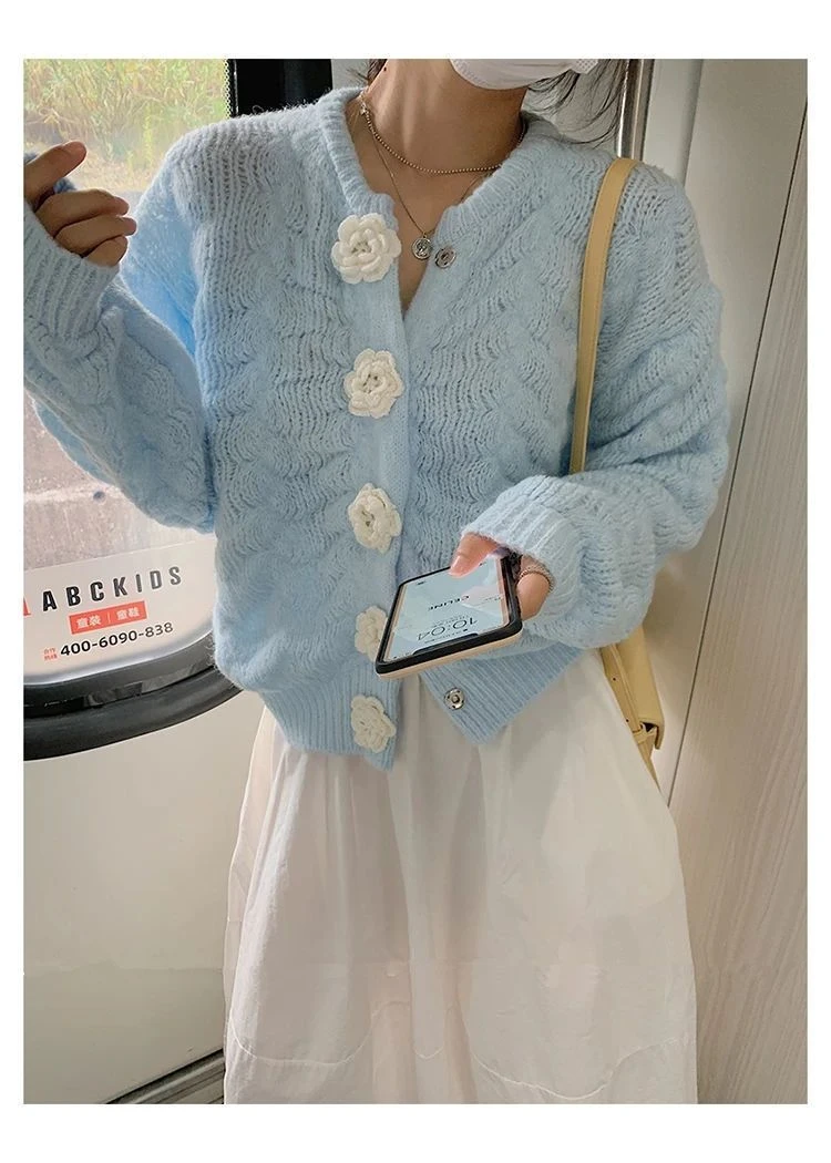 

Cropped Sweater Korean Cardigan Crop Top 2025 Fashion Sweaters Sueter Coat Crochet Flower Cardigans Women Knit Pull Femme