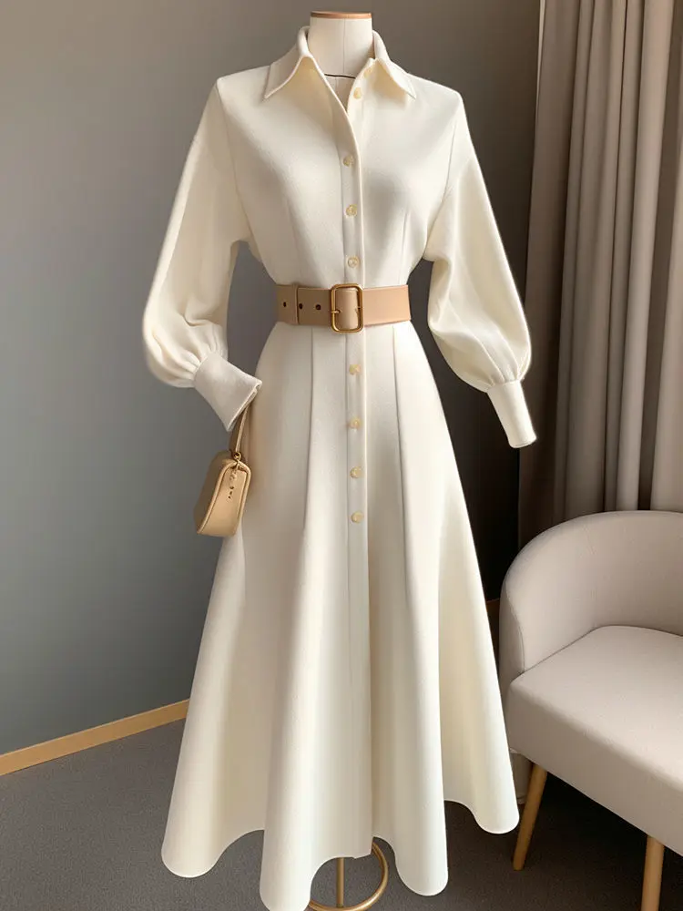 Vestido feminino de manga comprida polo, vestidos de casamento francês, branco, primavera e outono