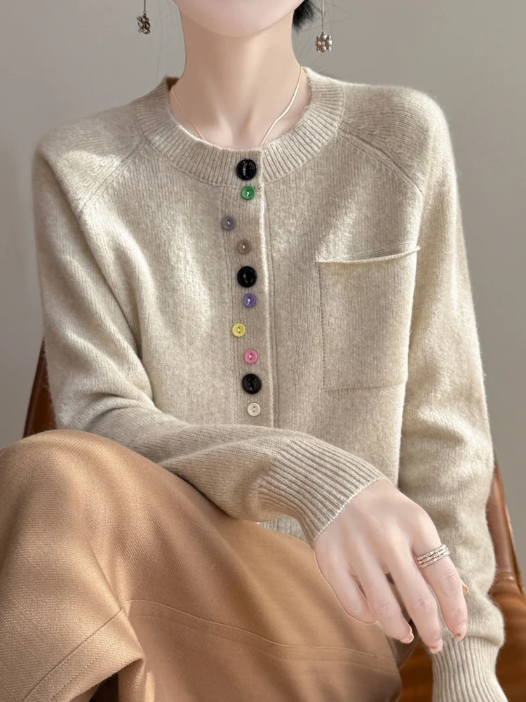 

Spring Autumn O-Neck Pocket Solid Color Colorful Buttons Cardigan 100% Merino Wool Knitwear Women's Sweater High Quality Tops