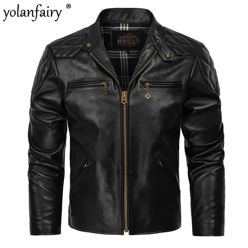 

Top Layer Tea Core Horsehide Genuine Leather Jacket Men Motorcycle Jacket Short Stand Collar Spring Mens Leather Jacket FCY4041