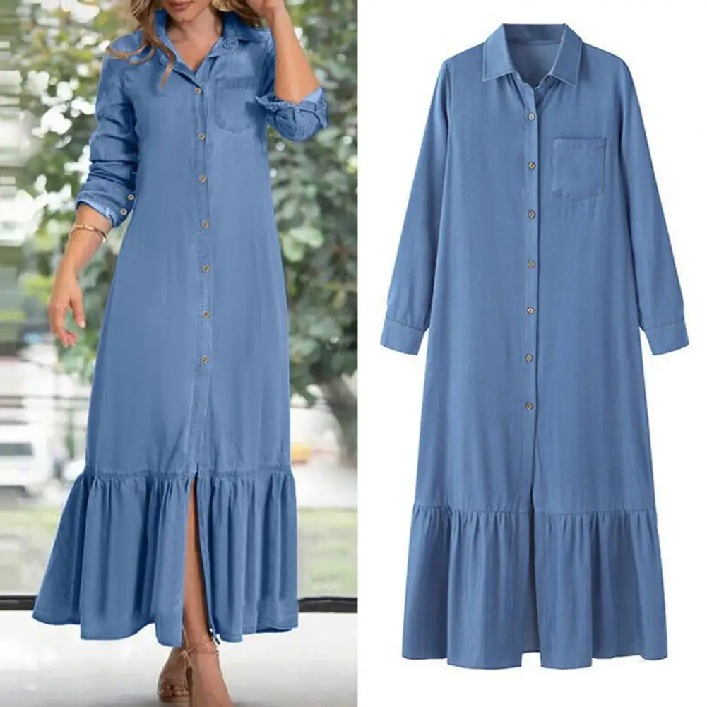 Robe longue en denim à manches longues pour femmes, ourlet fluide, revers, patchwork à volants, élégant, voyage