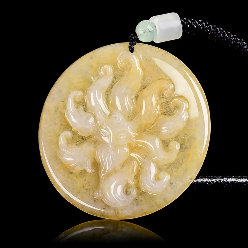 

Natural Myanmar A-grade Jade Fox Fairy Nine Tailed Fox Burnt Yellow Craft Pendant Ice Jadeite Charms Personalized Women's Gifts