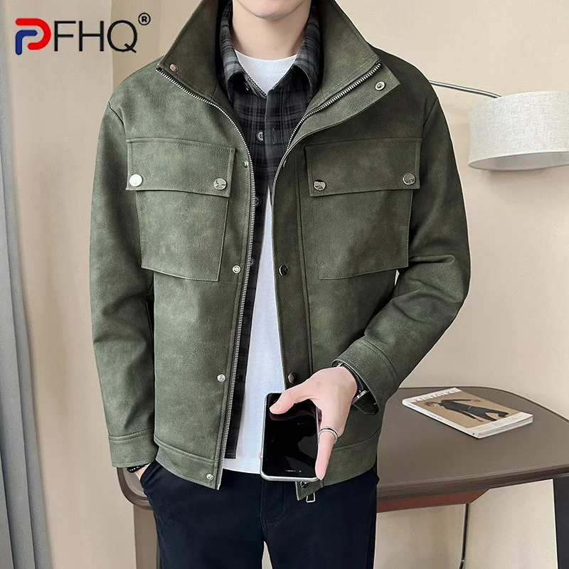 

PFHQ Fake Two Piece Tie Dyed PU Jackets Men's Motorcycle Zippers Safari Style Patchwork Plaid Design Coat Spring Autumn 21Z3968