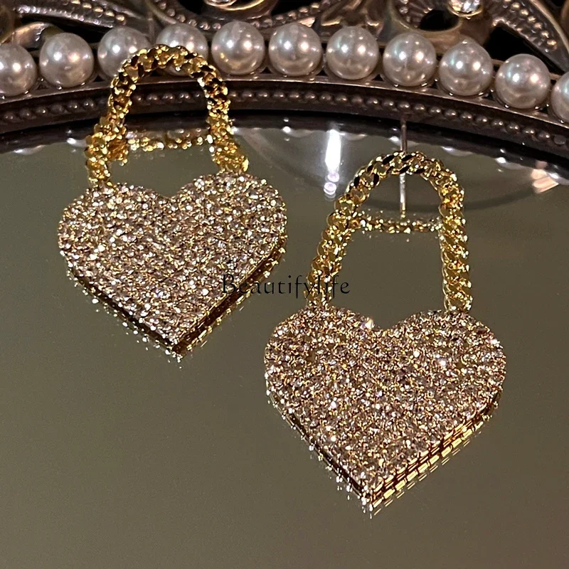 

Heart ~ High-Grade Heart-Shaped Full of Diamond Earrings Gold-Plated High-Grade Exquisite and Versatile Light Luxury