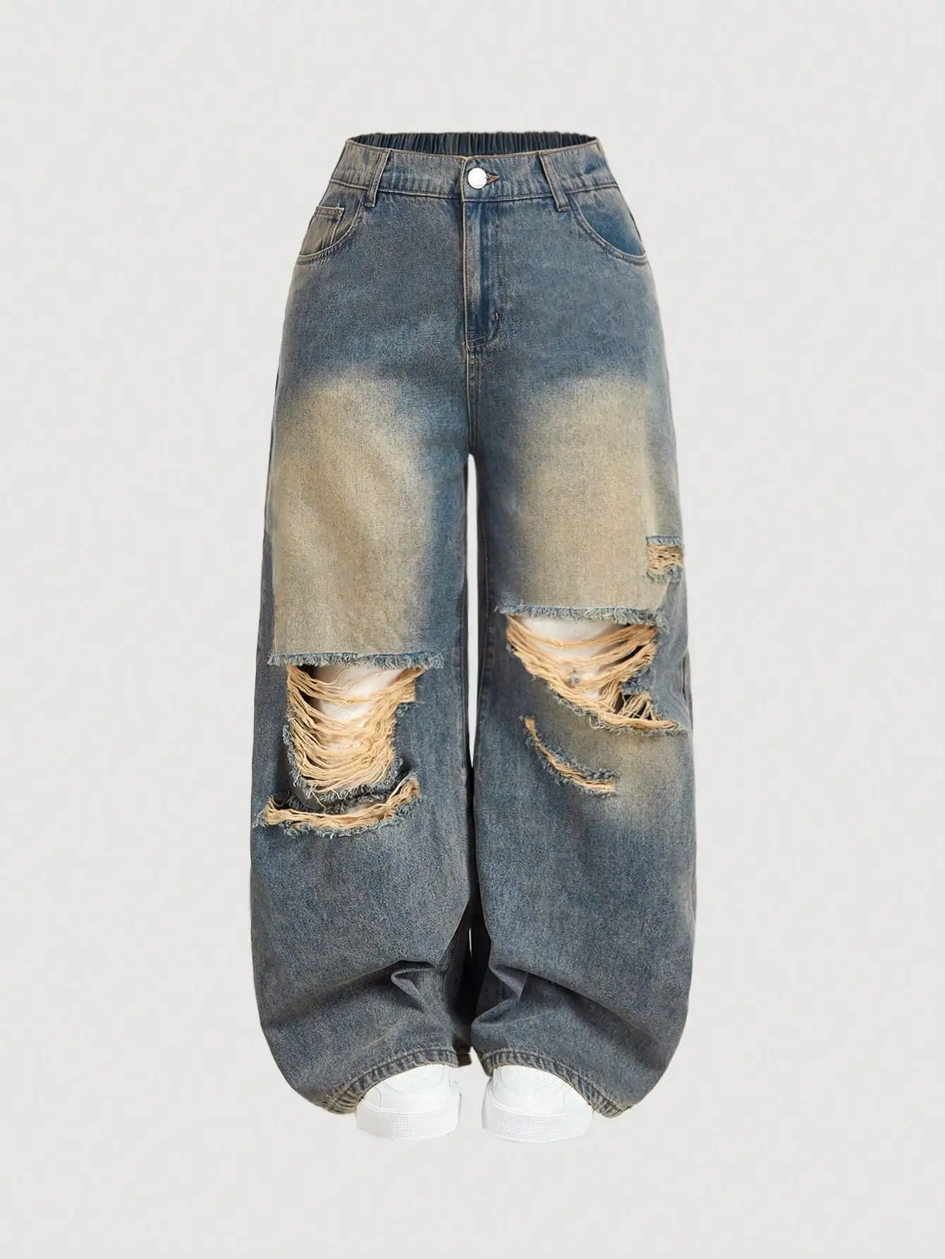 

Женские потертые широкие джинсы больших размеров, синий джинсовый крой свободного кроя с рваными дырками, повседневный летний стиль