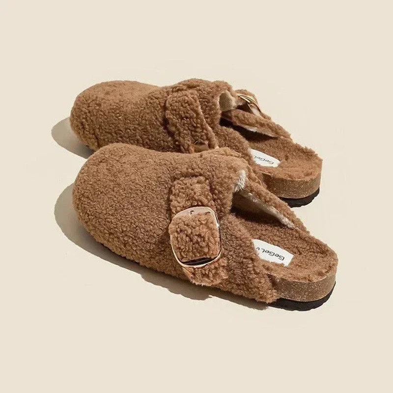 Maogu Mules Fur Woman Shoes Winter New Buckle Flats Platform Walking Plush Ladies Slides Casual Warm Indoor 2023 Women Slippers