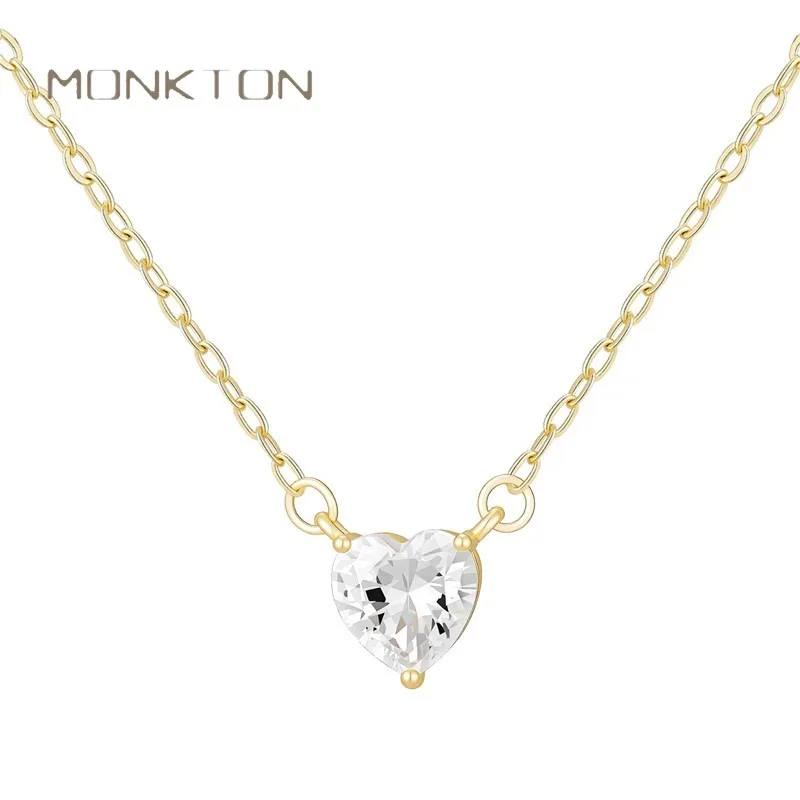 Monkton Gold Plated Heart Cubic Zirconia Pendant Necklace for Women Dainty Single Heart Choker Minimalist Wedding Jewelry