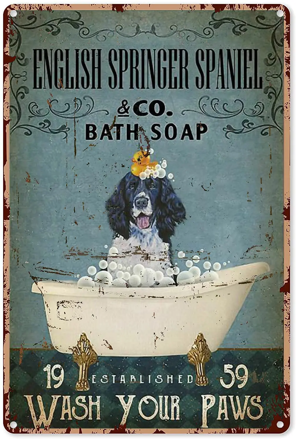 Vintage Metal Bathroom Signs English Springer Spaniel Bath Soap Wash Your Paws Metal Sign Decor Tin Aluminum Sign Wall Art