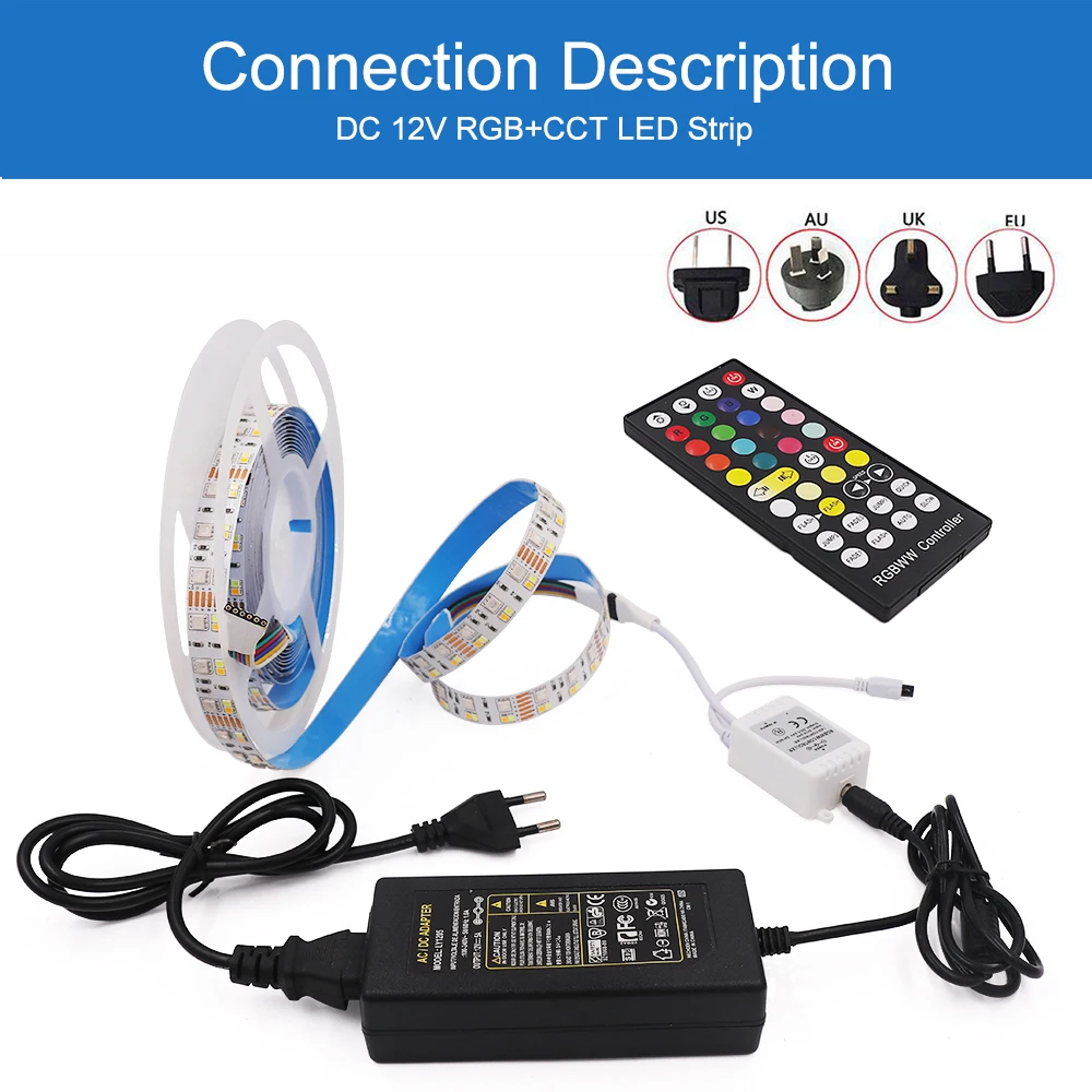 Dc 12V Rgb Cct Led Strip Rgb Wit + Warm Wit 5050 2835 180Leds/M Flexibele Lint Touw Lampjes Eu Us Au Uk Set Met Afstandsbediening