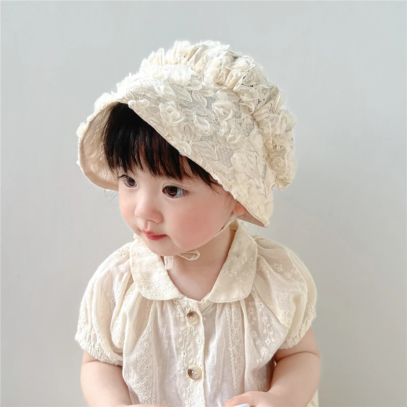 Spring Summer Lace Princess Strap Hat Baby Sun Shield Hat Flower Accessories Breathable Kids Boys Girls Bucket Hats