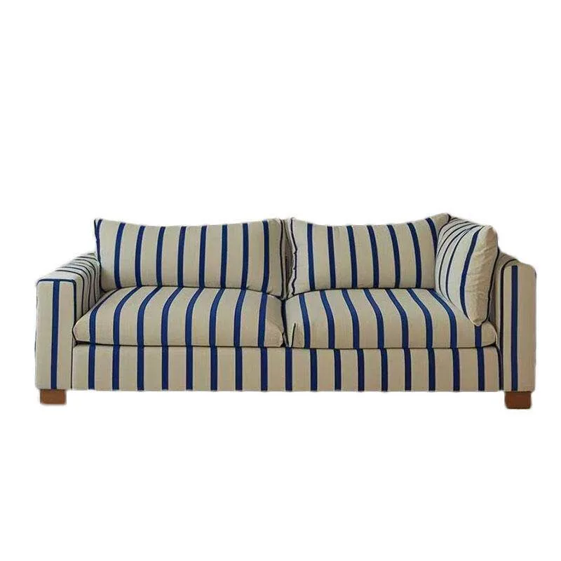 Sofá de tecido listrado azul estilo americano retrô, sofá francês simples para sala de estar, apartamento pequeno, moderno, sofá reto para três pessoas.