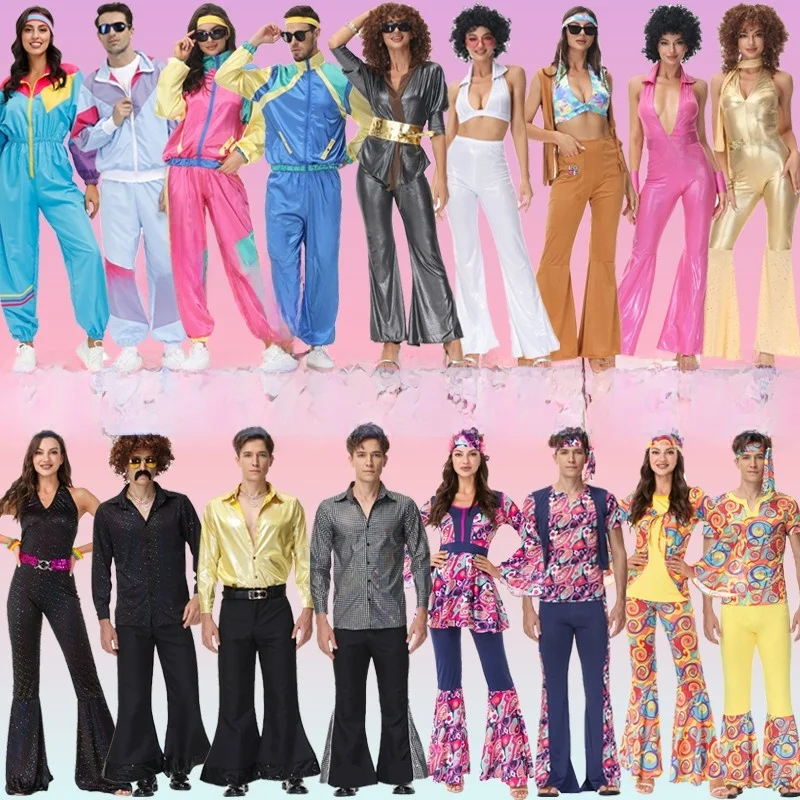 

Хэллоуин Хиппи Диско Пар Костюм 70-х годов Хип-хоп Выступление Экипировка Полиэстер Материал Традиционный Национальный Сценический Костюм