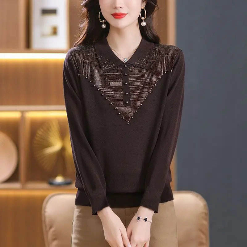 Women's Autumn New Lapel Knit Pullovers Solid Diamonds Base Layers Commuter Fashion Casual T-shirt Versatile Long Sleeves Tops