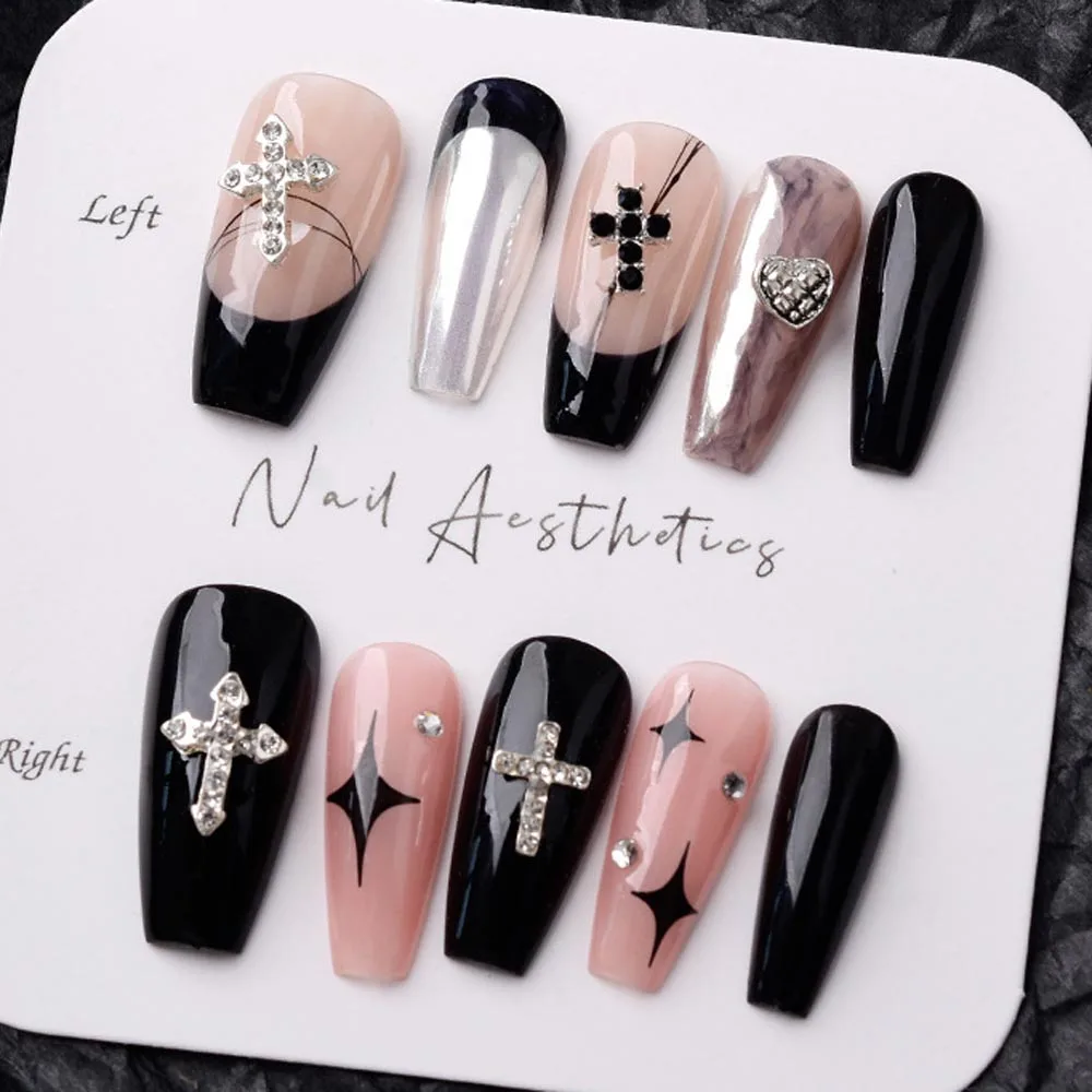 Mini diamantes de imitación 3D para decoración de uñas, diamantes de imitación de plata/Negro/rosa, Cruz 3D, 10 piezas
