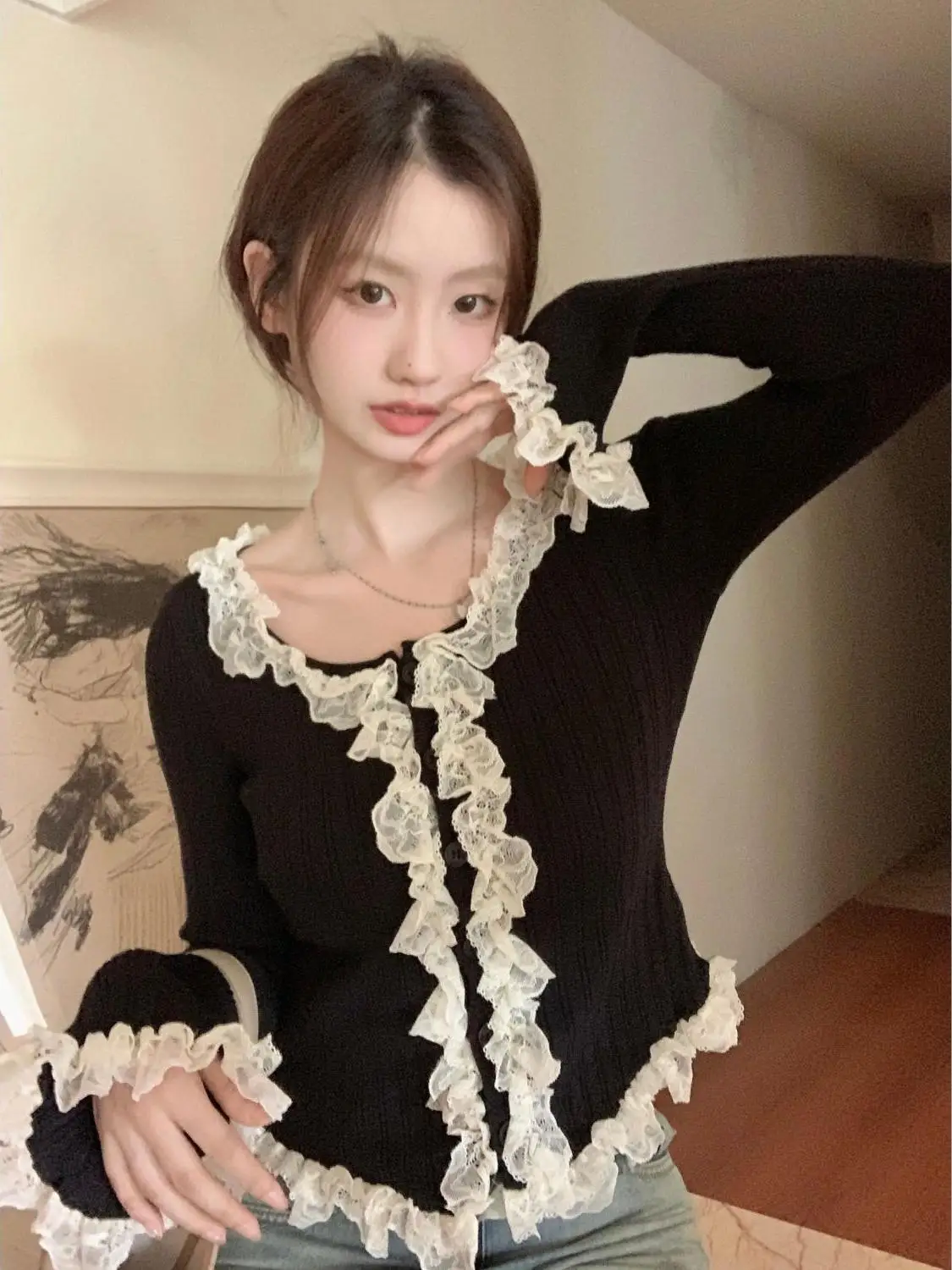 

Chic ort Lace Trim Knitted Sweater Women's Sli Autumn Winter Top Breathable Comfortable Soft Medium Gauge Knitwear