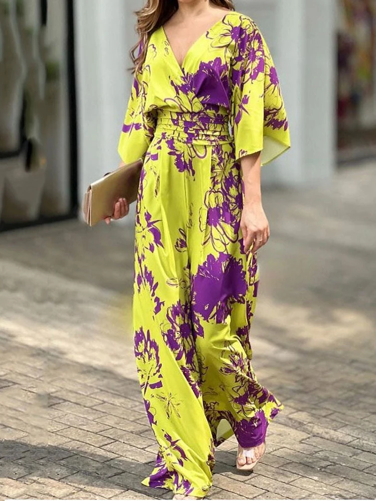 

Spring and Autumn Women's Medium Sleeve Casual Style Polyester Material 2022 New Fashion Printing Bat Sleeve V-Neck Jumpsuit