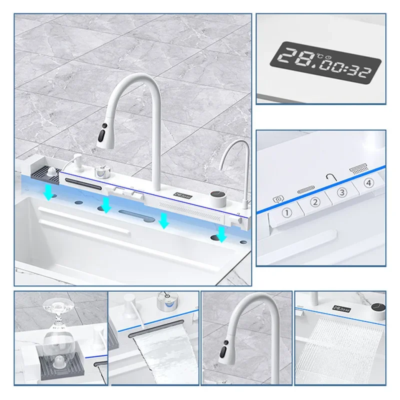Multifunctional Large Handmade Undermount Farmhouse Sink Waterfall Rainfall Single Bowl White Kitchen Sink