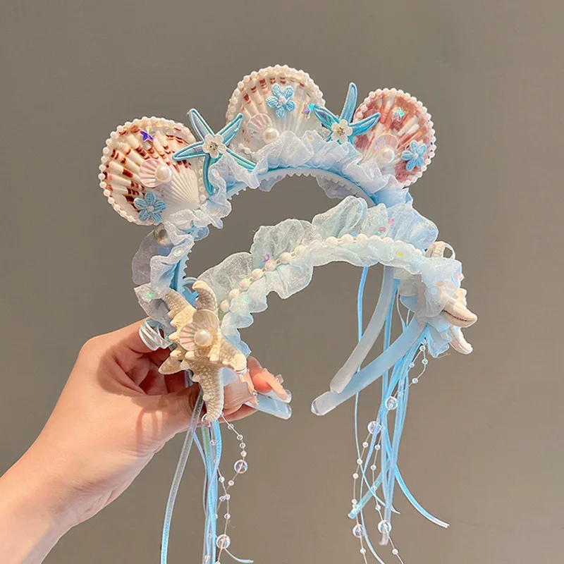 الأزرق سلسلة الأطفال مشبك شعر لطيف الكرتون المحيط حورية البحر الأميرة رباط شعر الاطفال الملحقات الدانتيل Bowknot الفتيات مشبك شعر