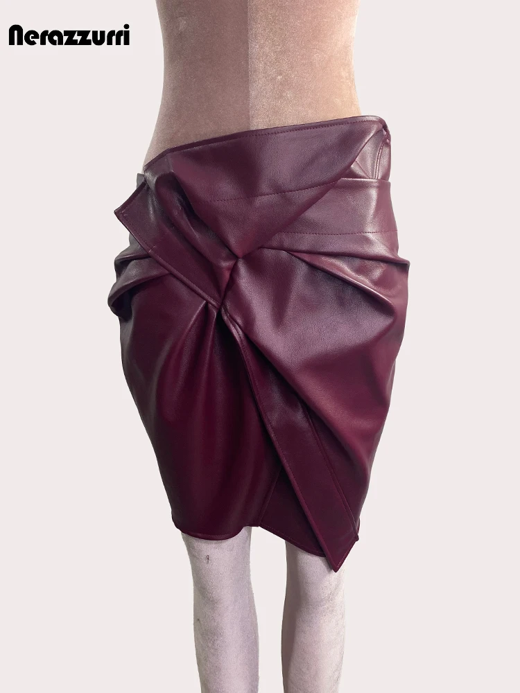 Nerazzurri Spring Summer Wine Red Patchwork Pu Leather Mini Skirt Women High Waist Elegant Chic Luxury Designer Clothing 2024