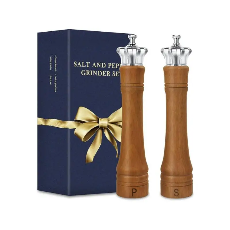 

10-Inch Salt and Pepper Grinder Set, 2 Pack Wooden Mill with Adjustable Ceramic Core, Elegant Crown Lid Spice Shakers for