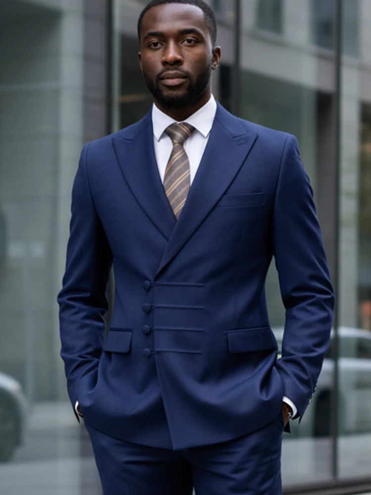 

ST Cassy blue Elegant man suit for wedding Slim Fit Double Breasted Multiple buttons Casual Business man 2 piece outfit set