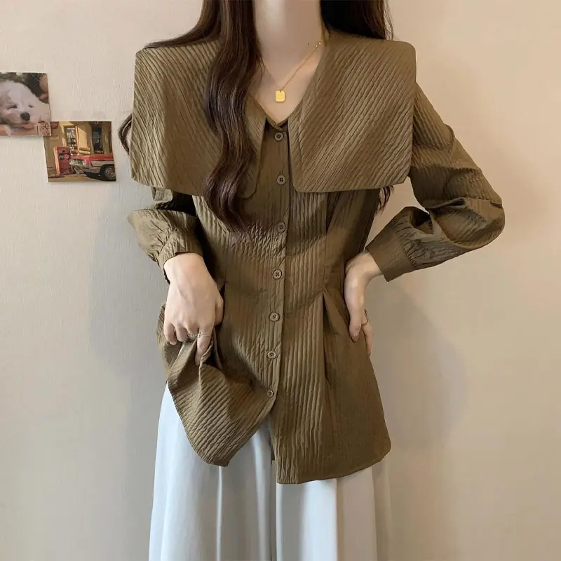 

Spring Autumn Turn-down Collar Blouse Fashion Folds Women's Clothing Casual Solid Color Waist Basic Commute Long Sleeve Shirt